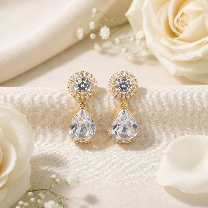 Radiant Teardrop Halo Earrings (ERG-GLD-017)